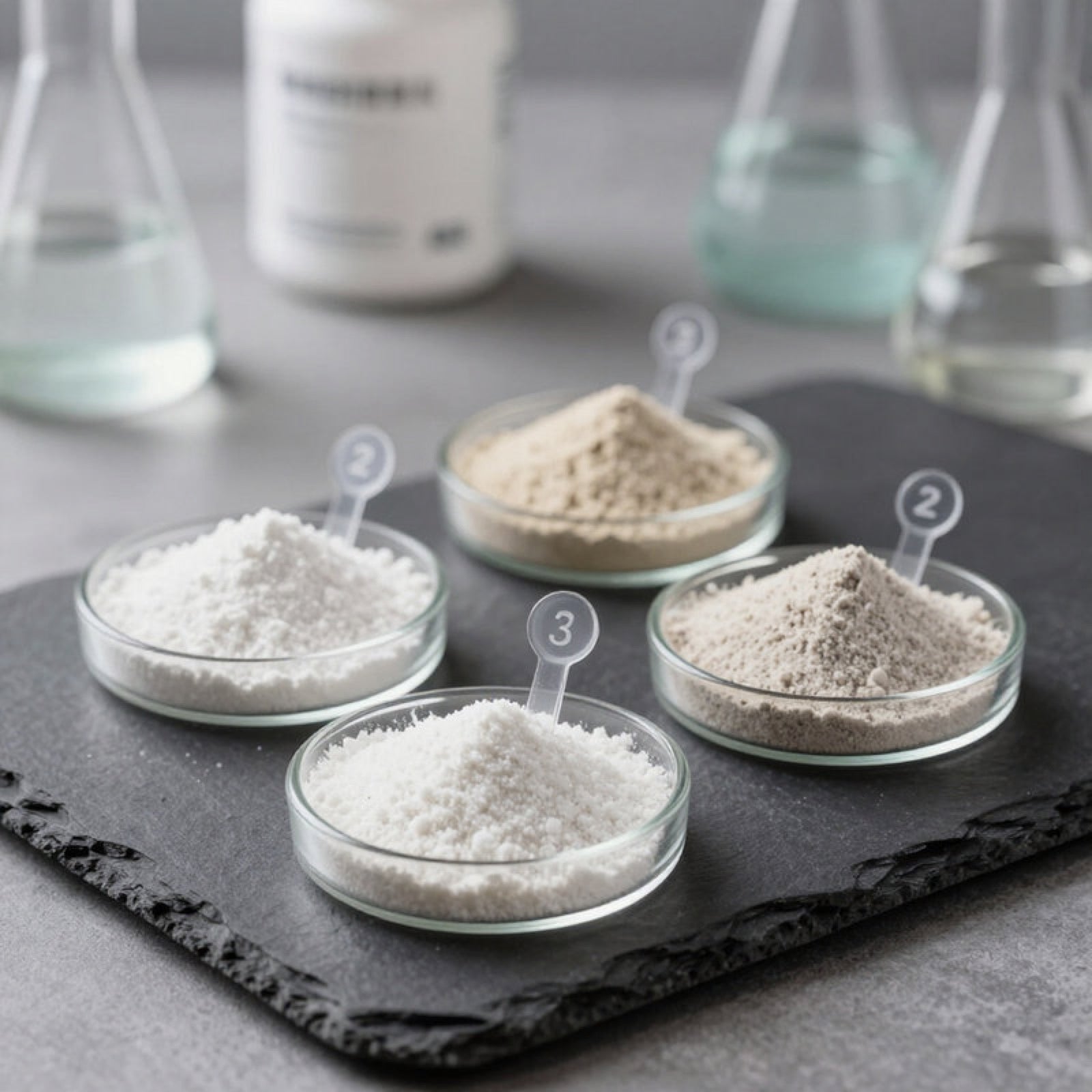 Supplement powders in glass dishes beside lab glassware